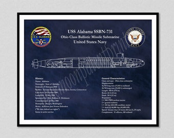 USS Alabama SSBN-731 Ohio Class Submarine Art Print, USS Alabama Submarine Poster, Ohio Class Submarine Drawing, Us Military Submarine Print