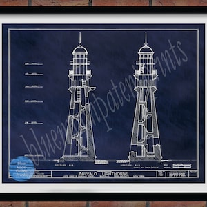 1833 Buffalo Lighthouse Drawing, Buffalo Lighthouse Poster, Lake Erie Lighthouse Blueprint, Nautical Decor, Lighthouse Collector Gift Idea