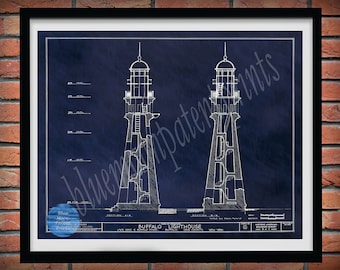 1833 Buffalo Lighthouse Drawing, Buffalo Lighthouse Poster, Lake Erie Lighthouse Blueprint, Nautical Decor, Lighthouse Collector Gift Idea