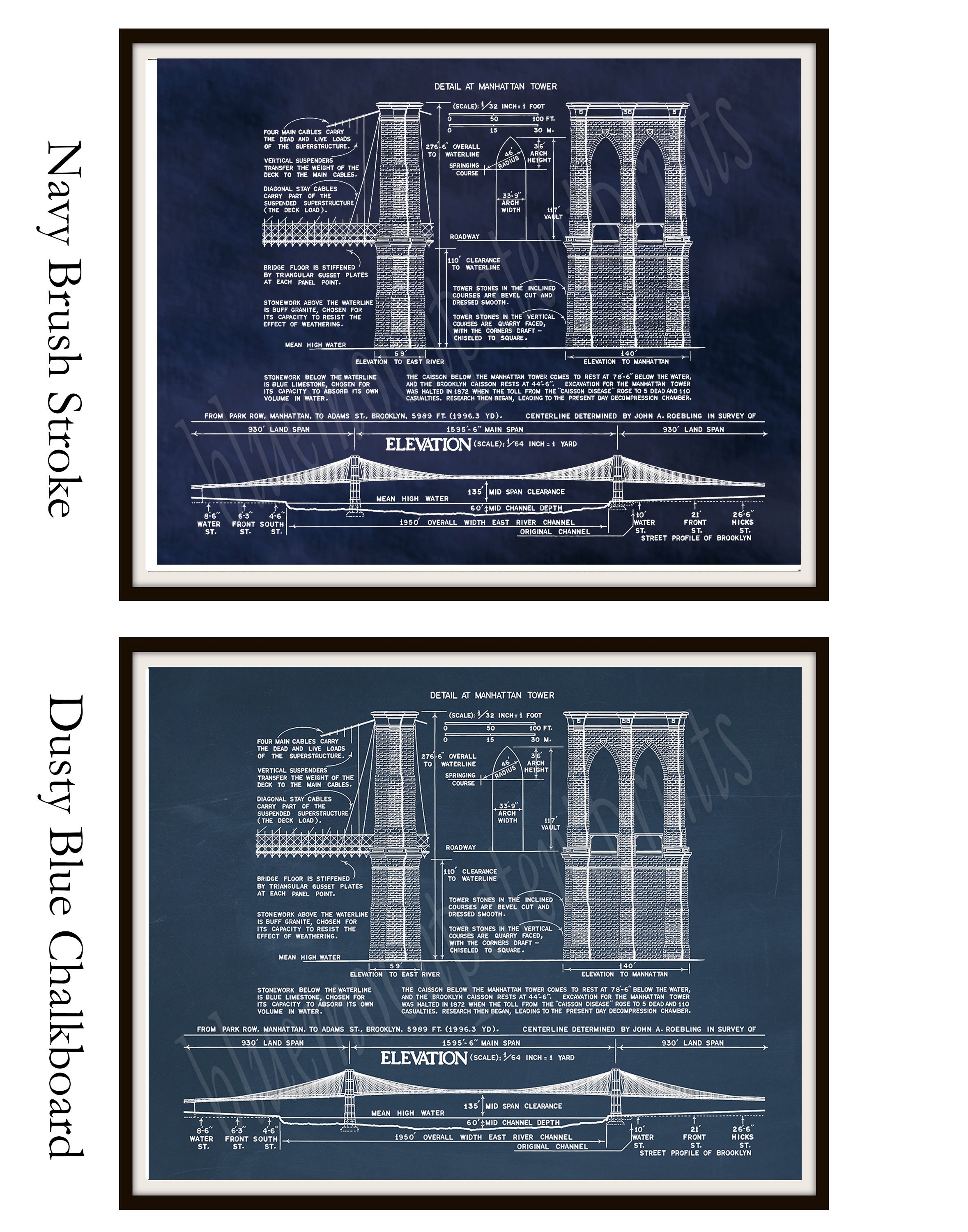 Brooklyn Bridge Drawing, Brooklyn Bridge architectural blueprint, 1870