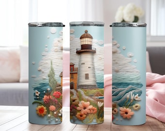 3-D Lighthouse 20 oz Tumbler, 20 oz Lighthouse Embroidered 3-D Style Tumbler, Beach style tumbler, 24 hr Cold Drinks Tumbler, Lighthouse Fan