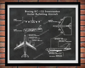 Boeing KC-135 Stratotanker Drawing Vers #1, KC135 Stratotanker Blueprint, Aerial Refueling & Transport Aircraft Poster, US Military Airplane