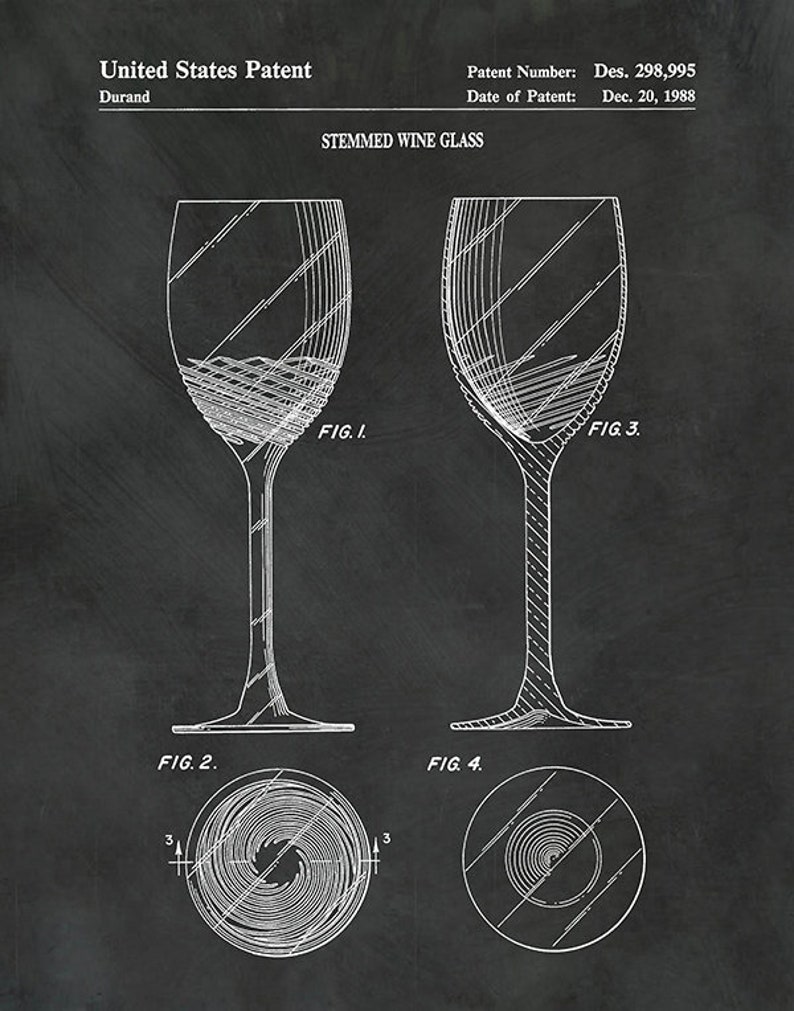 1988 Wine Glass Patent Print, Vintage Wine Glass Poster, Wine Collector Decor, Winery Decor Wine Connoisseur Gift Idea Black Brush Stroke