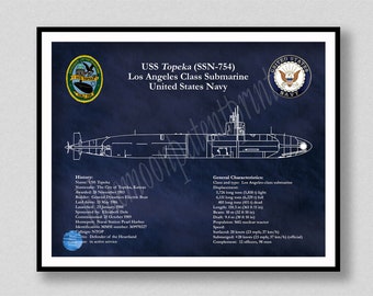 USS Topeka SSN-754 Submarine Blueprint, Los Angeles Class Submarine Drawing, Uss Topeka Ssn-754 Schematic, Navy Wall Art, Submarine Decor