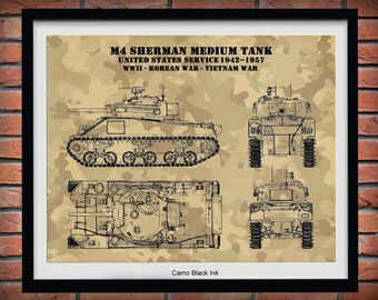 M4 Sherman Tank Poster Vers#2, World War II Sherman Medium Tank M4 Poster, Sherman M4A1 Tank Print, M4A4 Military Tank Print, Military Decor