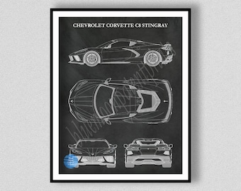 Chevy Corvette Stingray C8 Art Print, Chevy Corvette C8 Poster, 2020 Chevrolet Corvette C8 Stingray Diagram, Corvette Wall Art