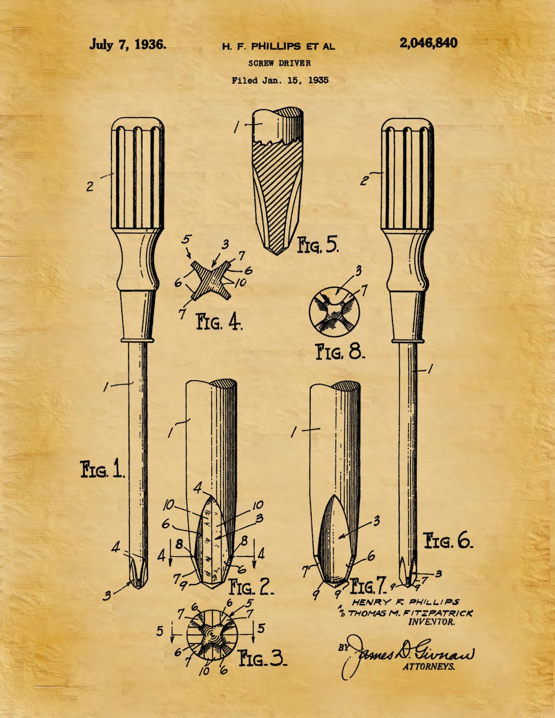 1936 Phillips Screwdriver Patent Print Screwdriver Poster Etsy