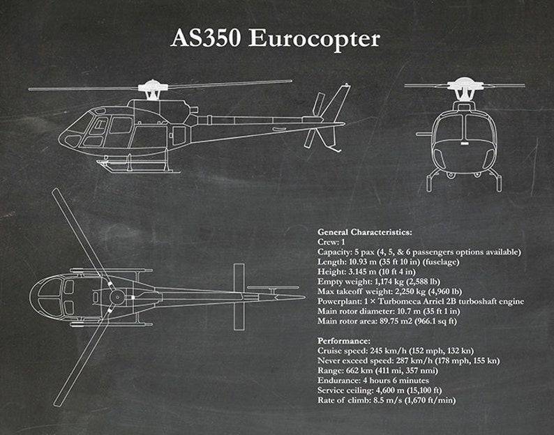 AS350 Eurocopter Art Print, AS350 Helicopter Blueprint, Helicopter ...