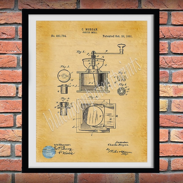 1891 Coffee Mill Patent Print, Antique Coffee Grinder Poster, Kitchen Wall Art, Barista Gift Idea, Coffee Shop Décor