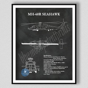 MH-60R Seahawk Helicopter Art Print Vers 1, Sikorsky MH-60R Sea Hawk Blueprint Chopper Pilot Gift, Sikorsky MH-60R Drawing, Helicopter Décor