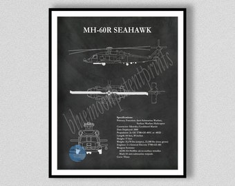 MH-60R Seahawk Helicopter Art Print Vers 1, Sikorsky MH-60R Sea Hawk Blueprint Chopper Pilot Gift, Sikorsky MH-60R Drawing, Helicopter Décor