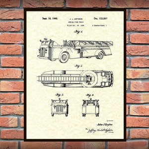Patent Aerial Fire Truck 1940 Design by J.J. Grybos - Art Print - Poster - Wall Art -  Firemen Wall Art - Fire House Wall Art