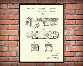 Patent Aerial Fire Truck 1940 Design by J.J. Grybos - Art Print - Poster - Wall Art -  Firemen Wall Art - Fire House Wall Art