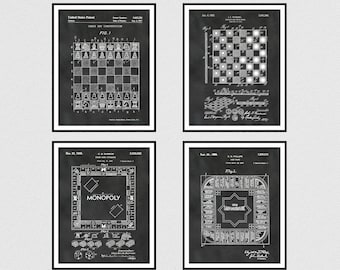 Board Game Patent Prints - Set of 4: Chess Patent - Checker Patent - Monopoly Patent - Landlord's Game Patent - Game Room Decor