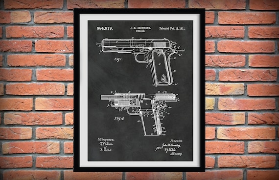 Patent Print Firearm M1911 Browning .45 Caliber Pistol Military Pistol