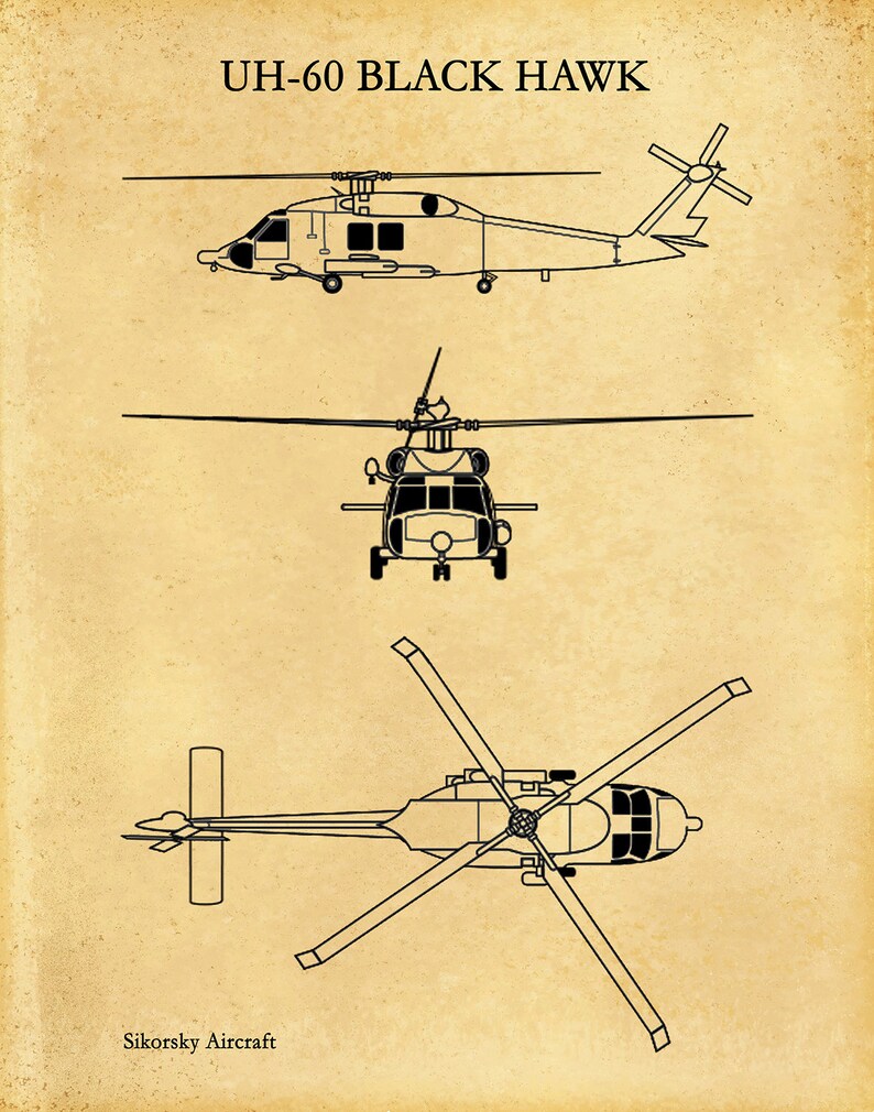 UH-60 Black Hawk Helicopter Art Print, Sikorsky UH-60 Helicopter Blueprint Chopper Pilot Gift Sikorsky UH-60 Chopper, Helicopter Decor Old Parchment
