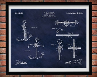 1902 Anchor Patent Print Vers #2, 1902 Anchor Poster, Boat Anchor Drawing, Ship Anchor Blueprint, Yacht Anchor, Nautical Decor