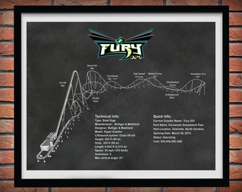 Fury 325 Roller Coaster Drawing, Fury 325 Roller Coaster Poster, Fury 325 Giga Coaster Blueprint, Roller Coaster Enthusiast Gift Idea