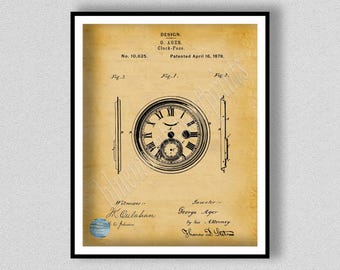 1878 Clock Face Patent Print, Antique Clock Poster, Antique Grandmothers Clock, Mantle Clock Wall Art, 1878 George Ager Clock Blueprint