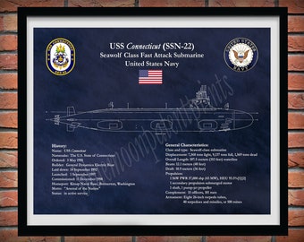 USS Connecticut Submarine Blueprint, Seawolf Class Nuclear Fast Attack Submarine Drawing, SSN-22, US Navy Submarine