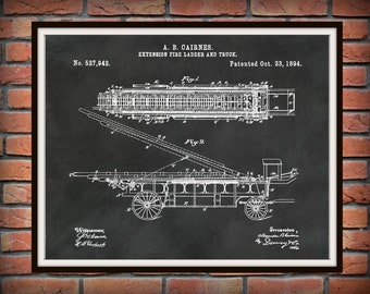 Patent 1894 Fire Extension Ladder and Truck #2 - Art Print - Poster - Fire House Art - Fire Fighter - Fire Rescue Art - Fire Truck Equipment