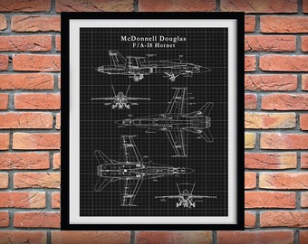 F-18 Hornet Patent Drawing Print Bomber Plane McDonnell Douglas - Boeing F-18 Combat Jet Poster - Military Fighter Plane - Air Force Decor