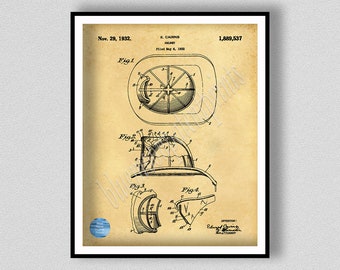 1932 Fireman Helmet Patent Print, Fire Fighter Helmet Poster, Fire House Décor, Firefighter Gift Idea, Vintage 1932 Fire Helmet Wall Art