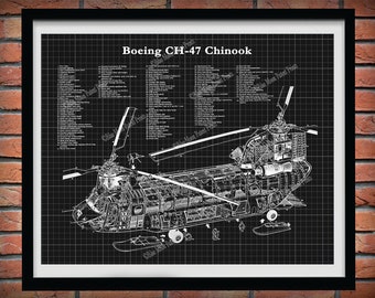 Boeing CH-47 Chinook Helicopter Print - Chinook Helicopter Blueprint - Helicopter Poster - Chopper Pilot Gift - Ch-47D Chinook Chopper Decor