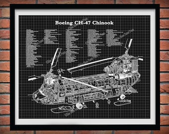 Boeing CH-47 Chinook Helicopter Print - Chinook Helicopter Blueprint - Helicopter Poster - Chopper Pilot Gift - Ch-47D Chinook Chopper Decor