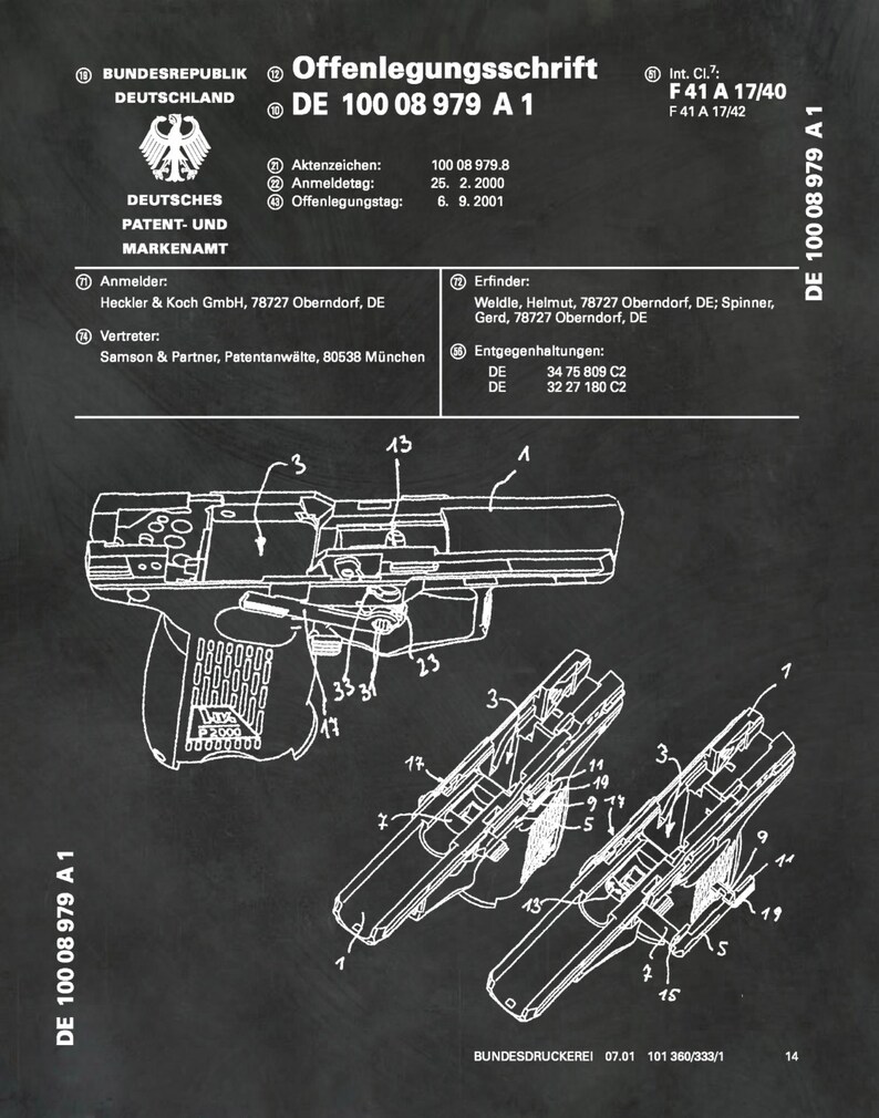 2001 H&K P2000 Pistol Patent Print German Gun Patent Print Heckler and Koch GmbH Gun Poster NRA Decor Semi-Automatic Handgun Chalk Board