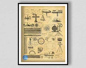 1728 Survey Equipment Print, Historical Surveying Instruments Poster, Surveyor Wall Art, Antique Survey Equipment Wall Art