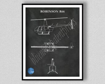 Robinson R66 Helicopter Drawing, R66 Poster, Robinson R44 Trainer Helicopter Blueprint, Helicopter Decor