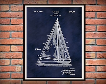 1935 Sailboat Patent Print, 1935 Sailboat Poster, Nautical Decor, Vintage Sailboat Blueprint, Beach House Wall Art, Sailor Gift Idea