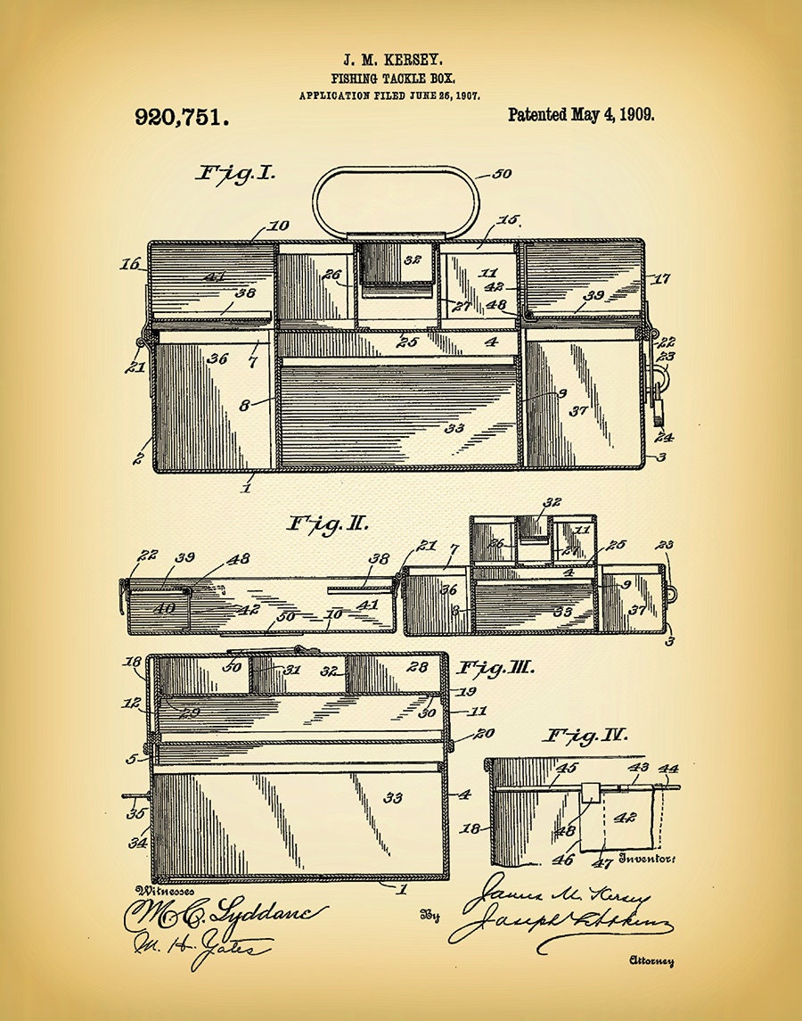 1909 Fishing Tackle Box Patent Print - Poster - Marina Art - Bass Fishing  Wall Art - Angler Decor - Fisherman Decor