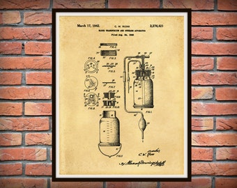 1940 Blood Transfusion Patent Print, Vintage Medical Poster, Emergency Room Wall Art- Physician Office Decor - Surgeon Wall Art