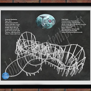 Taron Roller Coaster Drawing, Phantasialand Roller Coaster, Taron Roller Coaster Blueprint, Germany Roller Coaster Decor, Roller Coaster Art