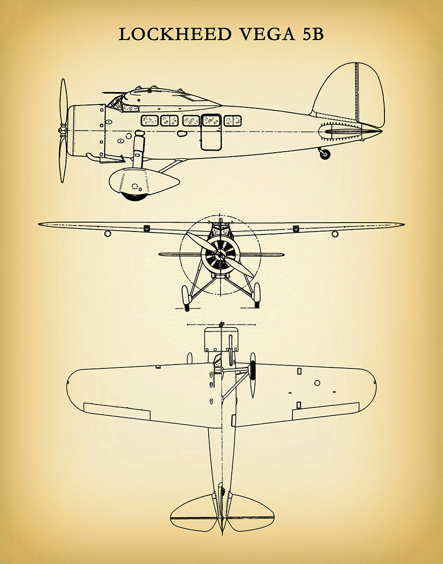 Lockheed Vega 5B Airplane Poster, Amelia Earhart Airplane Blueprint