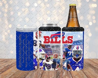 4 in 1 Metal Can Cooler, Buffalo Bills Legends, Jim Kelly, Josh Allen, Thomas, Smith, Cook, Tasker, Reed, Bills Mafia Tumbler Coozie