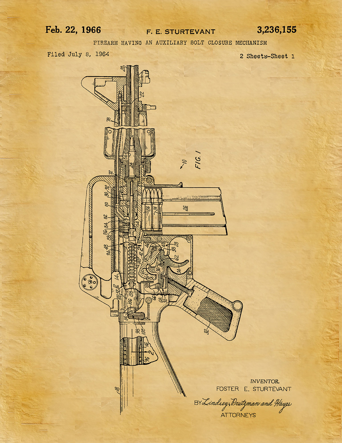 1966 M-16 Rifle Patent Print, M16 Poster Invented by Sturtevant - AR15 ...