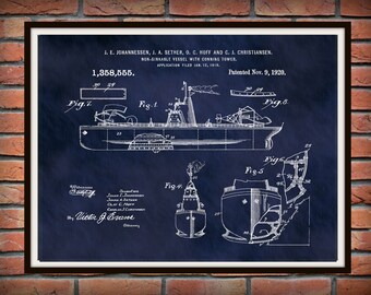 1920 Unsinkable Ship Patent Print, 1920 Battle Ship Wall Art, Nautical Art Wall Art, Aircraft Carrier, Navy ship Wall Art