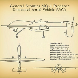 MQ-1 Predator UAV Drone Spy Plane Drawing Reconnaissance Aircraft Art Print Poster CIA Spy Plane Illustration Hellfire Missiles image 3