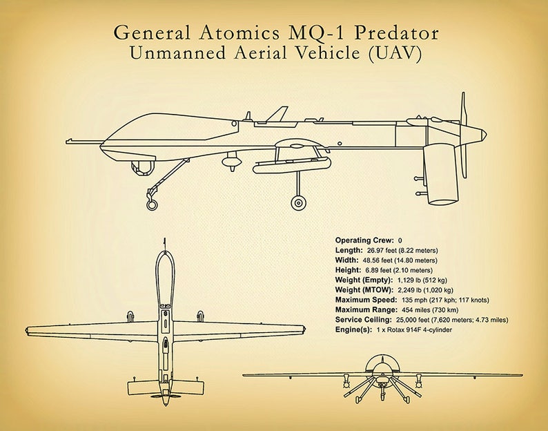 MQ-1 Predator UAV Drone Spy Plane Drawing Reconnaissance Aircraft Art Print Poster CIA Spy Plane Illustration Hellfire Missiles image 3