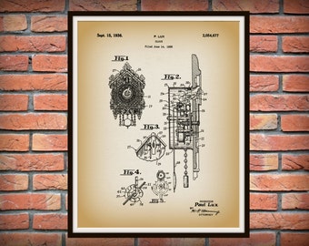 1936 Cuckoo Clock Patent Print - German Cuckoo Clock blueprint - Cuckoo Clock Poster- Clock Maker Gift Idea - Antique Cuckoo Clock Drawing