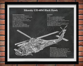 UH-60M Black Hawk Helicopter Print, Sikorsky UH-60M Helicopter Blueprint, Military Helicopter Pilot Gift, Sikorsky UH-60M Cutaway Drawing