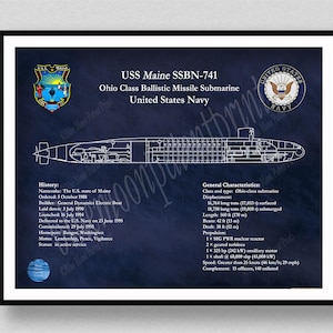 USS Maine SSBN-741 Submarine Art Print, USS Maine Submarine Poster, Ohio Class Submarine Drawing, Us Military Submarine Wall Art