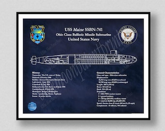 USS Maine SSBN-741 Submarine Art Print, USS Maine Submarine Poster, Ohio Class Submarine Drawing, Us Military Submarine Wall Art