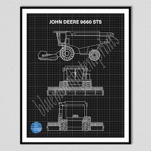 John Deere 9660 ATS Combine Tractor Art Print, John Deere Tractor Poster, Farmhouse Wall Art,  John Deere 9660 Tractor Drawing