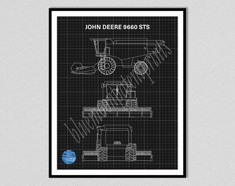 John Deere 9660 ATS Combine Tractor Art Print, John Deere Tractor Poster, Farmhouse Wall Art,  John Deere 9660 Tractor Drawing