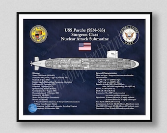 USS Parche SSN-683 Submarine Blueprint, Sturgeon Class Nuclear Fast Attack Submarine Drawing, US Navy Submarine Wall Art