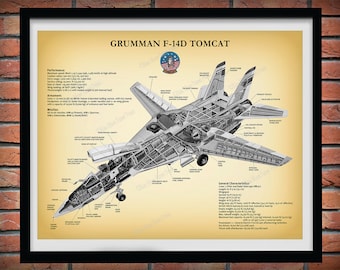F-14D Tomcat Bomber Plane Print, F-14D Super Tomcat Poster, Northrop Grumman F-14D Aircraft Print, US Military Fighter Plane Blueprint